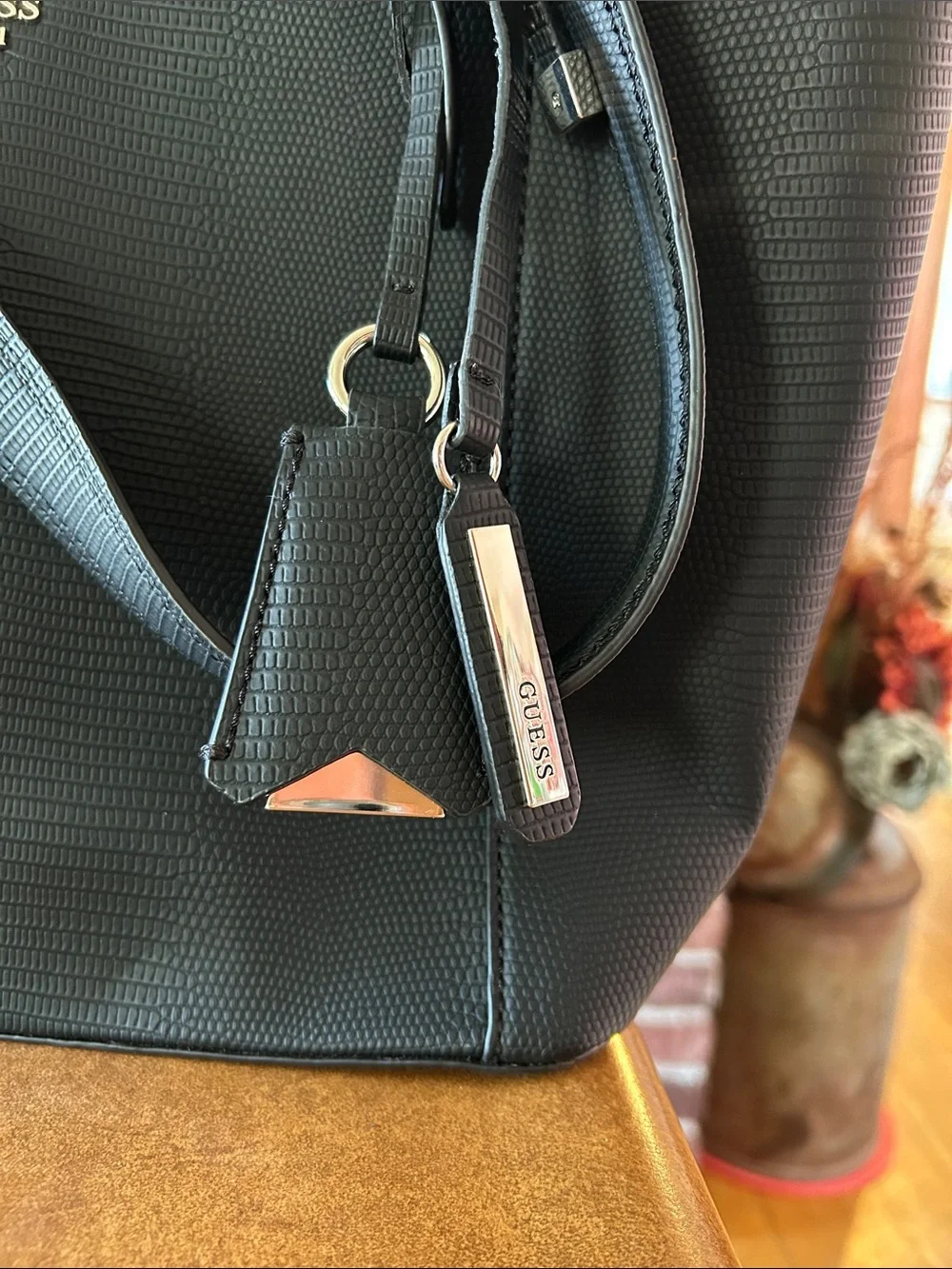 GUESS Black Textured Tote with Gold Hardware